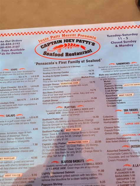 Menu at Captain Joey Patti's Seafood & Saloon restaurant, Pensacola, W ...