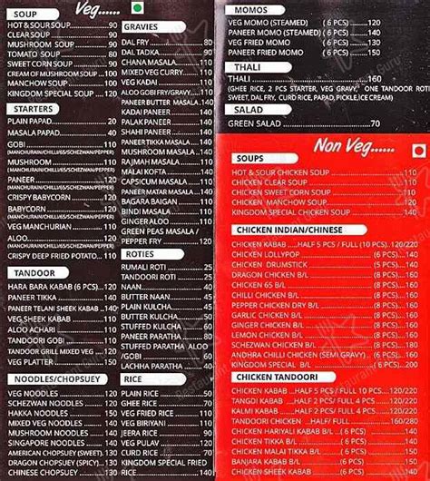 Menu at The Kingdom, Bengaluru