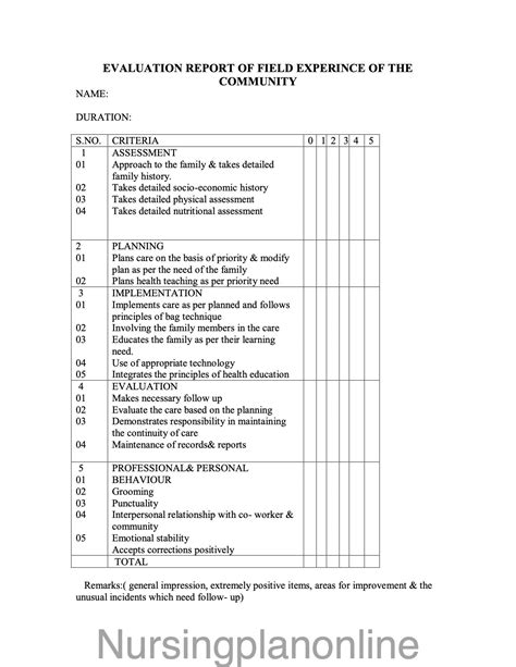 FORMAT- COMMUNITY EVALUATION – Nursing Plan Online