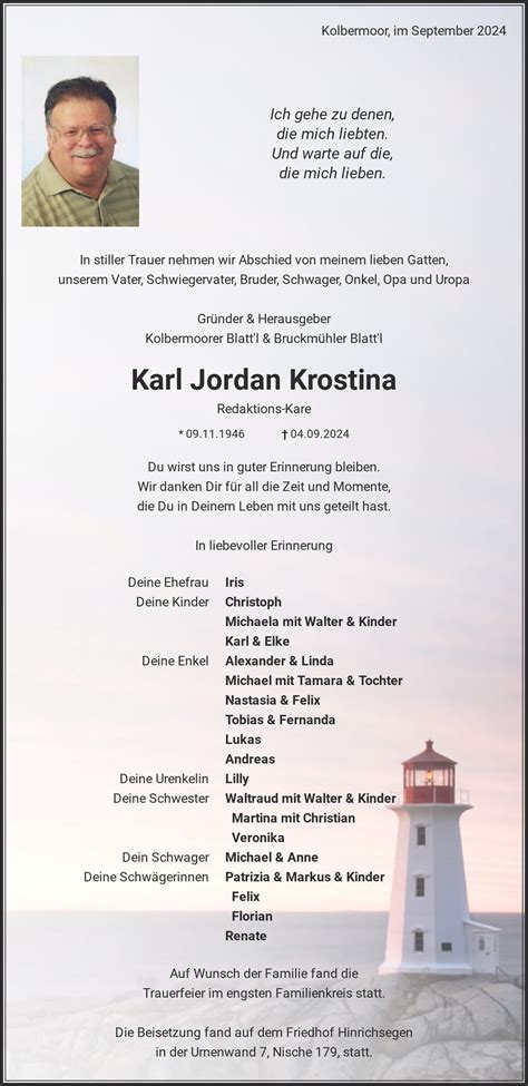 Obituary Karl Jordan Krostina, Kolbermoor