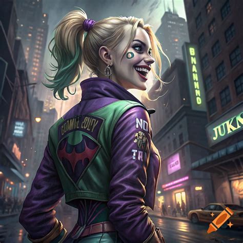 Harley Quinn in Arkham City style with blonde hair on Craiyon