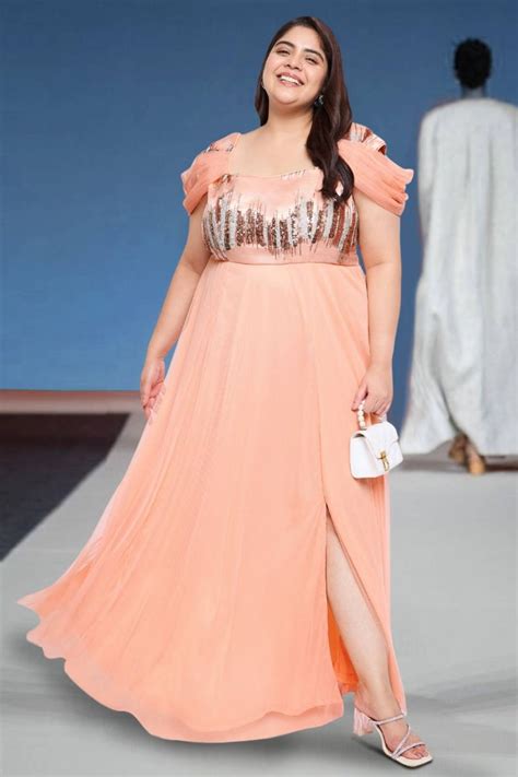 Peach Curve Plus Size Sequinned Cowl Gown