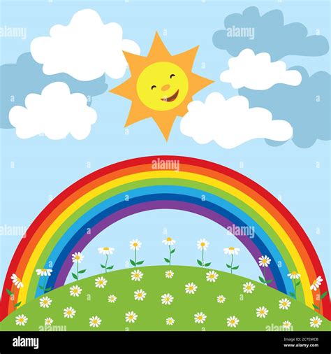 Happy sun with rainbow and clouds Stock Photo - Alamy