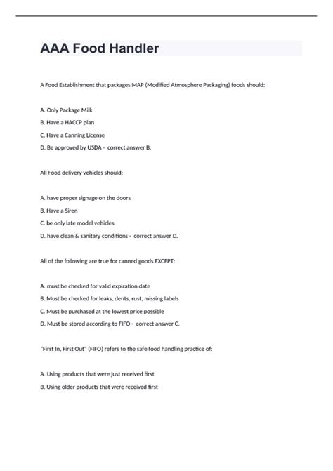 AAA Food Handler questions with complete solutions - AAA Food Manager ...