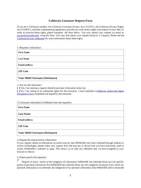 California Consumer Request Doc Template | pdfFiller