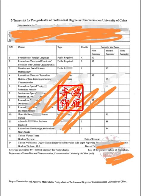 中国传媒大学研究生出国留学中英文成绩单打印案例_服务案例_鸿雁寄锦