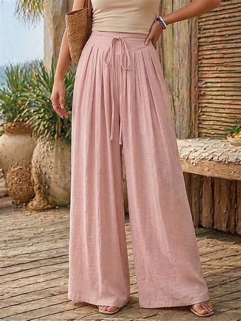 Women's Linen-feel Pants Wide Leg Chinos Vacation Basic Full Length ...