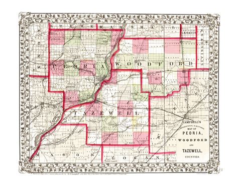 Historic County Map - Peoria Woodford Tazewell Counties Illinois - Cam ...
