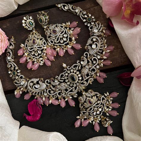 Premium Victorian Diamond Pendant Short Necklace-Pastel Pink Beads-VV1 ...