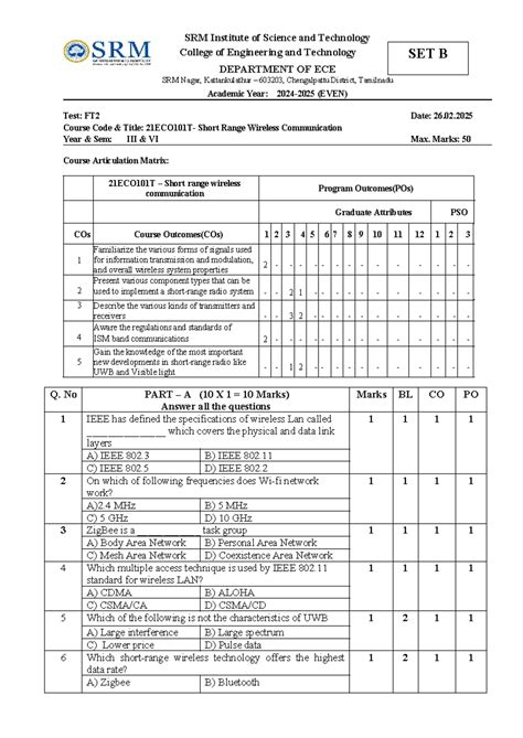 21ECO101T Short Range Wireless Communication CT1 Question Paper - Studocu
