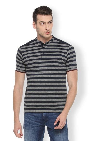 Buy Men Grey Stripe Henley Neck T-Shirts Online - 297181 | Van Heusen