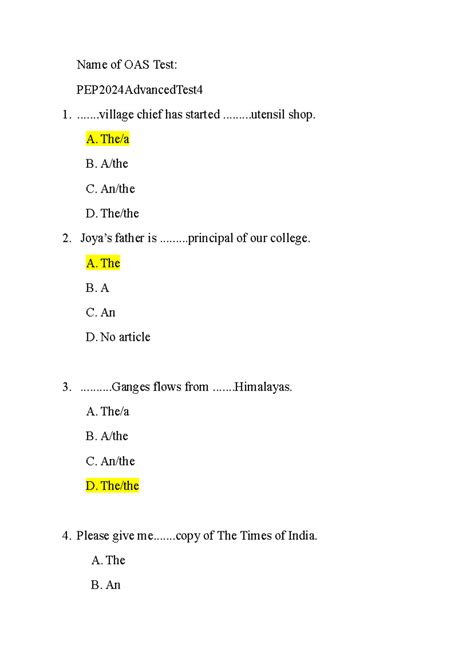 Articles & Prepositions 27th June - Name of OAS Test ...