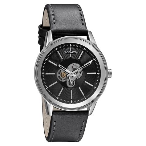 Buy Online Sonata Quartz Multifunction Black Dial Leather Strap Watch ...