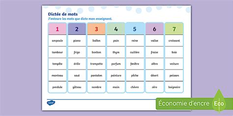 Dictée de mots avec différents phonèmes pour cycle 2