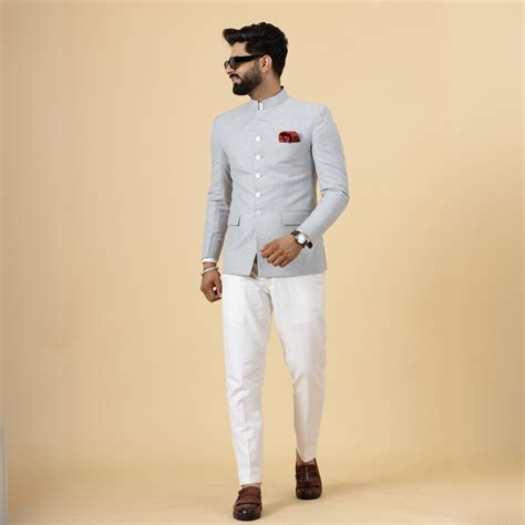Bespoke Grey Linen Jodhpuri Bandhgala Suit For Men | White Trouser ...
