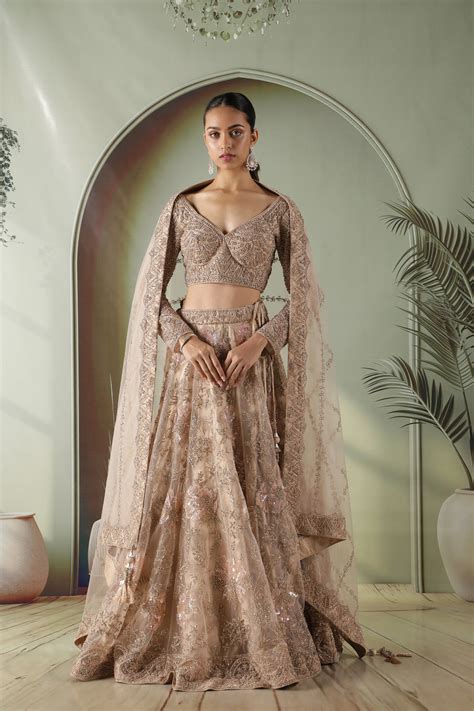 Champagne Gold Floral Embroidered Net Lehenga Set | Buy LEHENGA Online ...
