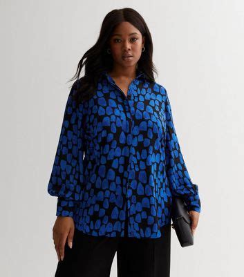 Curves Blue Animal Print Puff Sleeve Long Shirt | New Look