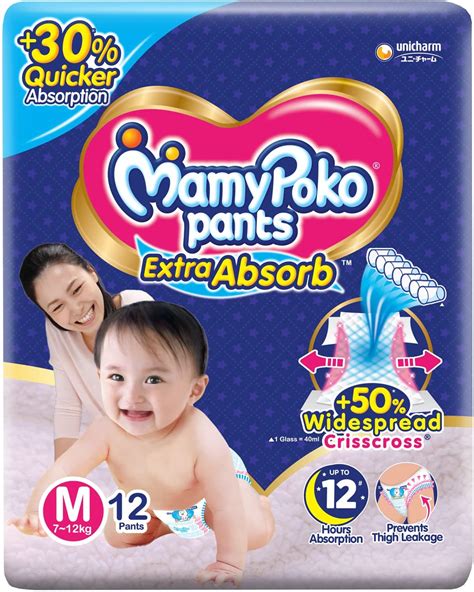 Buy MamyPoko Pants Extra Absorb Baby Diapers, Medium (M), 12 Count, 7 ...