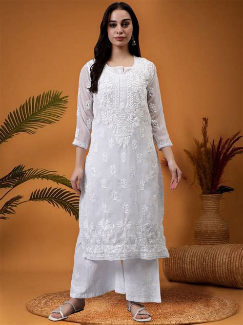 Seva Chikan Hand Embroidered Georgette Chikankari Kurta With Matching