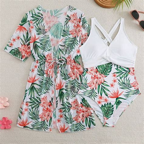 XDZJLR Girl Swimsuit Baby 3 Piece Green Floral Prints Bikini Briefs ...