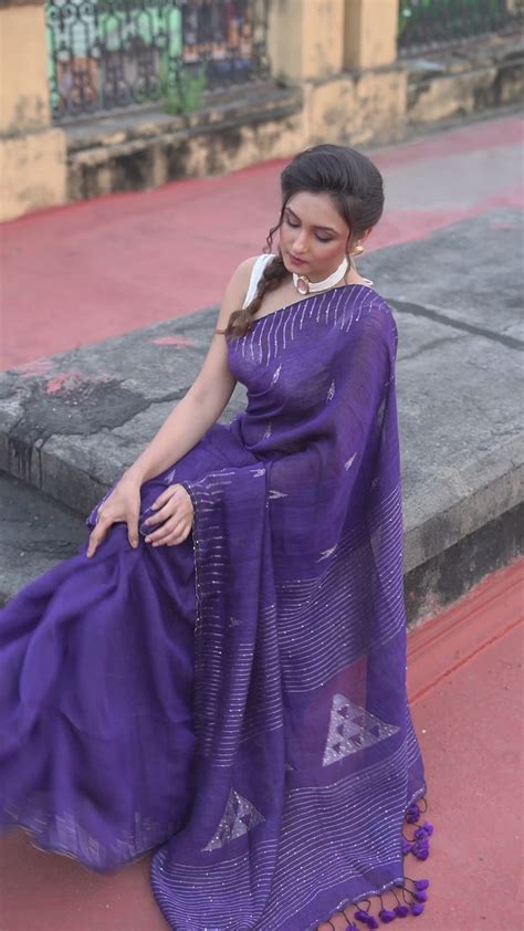 Royal Blue Linen Sequin Work Handwoven Saree – angoshobha