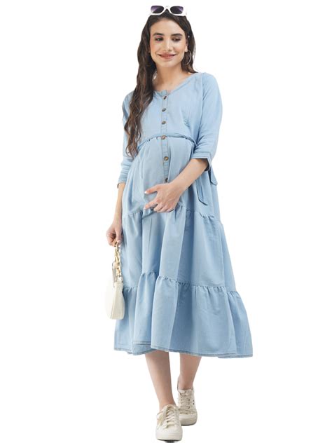 Denim Maternity dress with Gold Button – KOI Sleepwear
