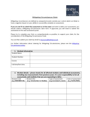 Fillable Online Bath Spa University Mitigating Circumstances Claim Form ...