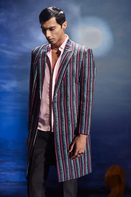 Buy Blue Italian Twill Printed Stripe Noir Trench Coat For Men by ...