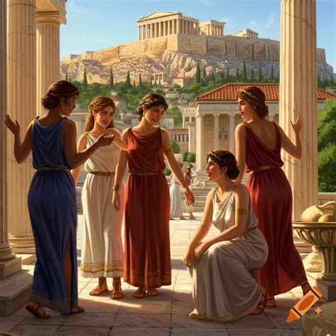 Illustration of women in ancient Greek dresses among columns with the ...