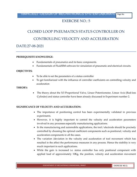 EX5 - Design of mechatronics systems notes and practical worksheet ...