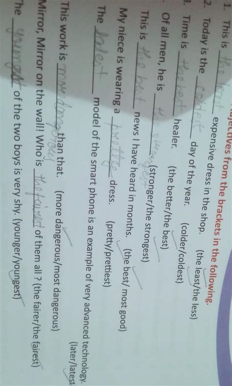 Fill in the blanks with suitable adjectives from the brackets.1. This ...