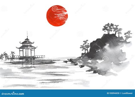 Japan Traditional Japanese Painting Sumi-e Art Sun Lake Hill Mountain Temple Stock Illustration ...
