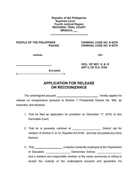 Application for release on recognizance; a pleading required for the ...