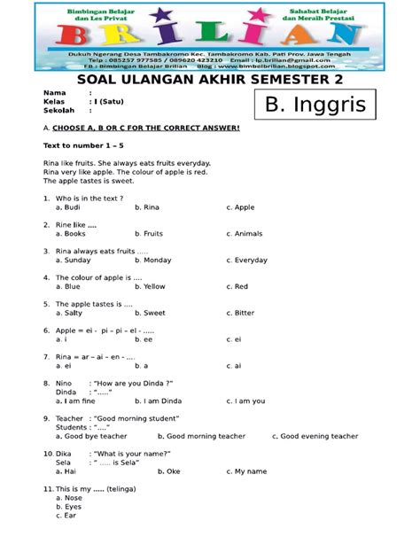 Latihan Soal Ujian Bahasa Inggris Kelas 1 Semester 1: Siap Hadapi Ujian!
