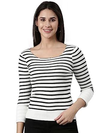 SHOWOFF Women's Scoop Neck Striped White Fitted Regular Top-TG-A-196 ...