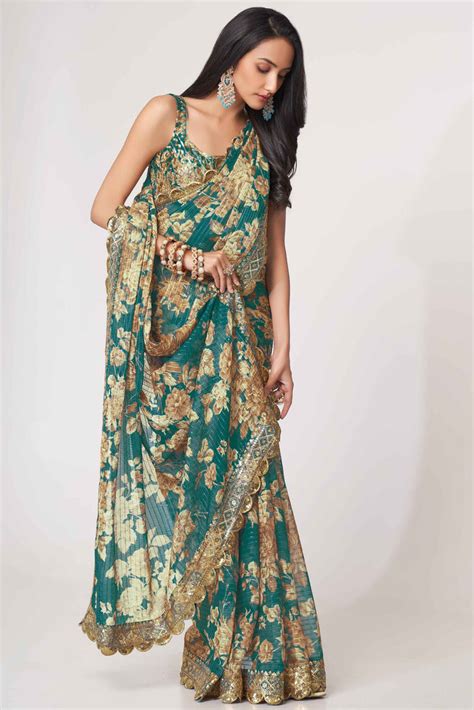 Buy Teal Blue Floral Printed Organza Saree From Designer Lehenga Choli