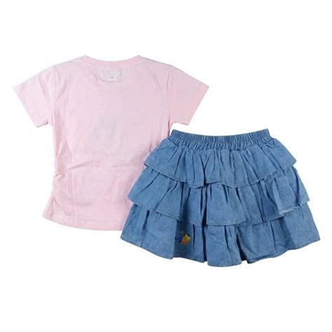 Mama Hug Girls Cute Skirt Top Set – Pink Cotton Top with Denim Ruffle