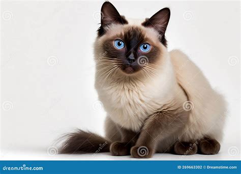 Siamese Cat with Blue Eyes Sits on a White Isolated Background. he S ...