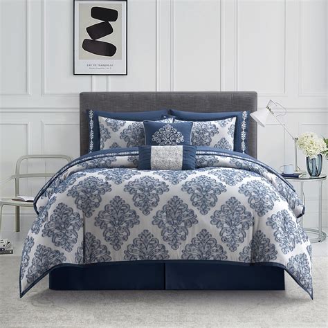 Lanco Blue Queen Size Comforter Set, 10-Piece Damask Jacquard Bedding ...