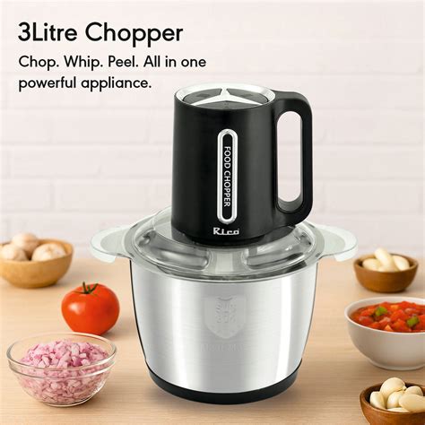Rico 3 Litre Steel Bowl Chopper with Garlic Peeler & Whipper – 3 Speed ...