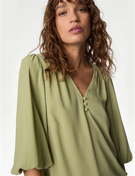 Buy V-Neck Button Detail Blouson Sleeve Blouse at Marks & Spencer