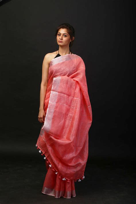 Buy Pure Organic Linen Saree – Peach - Very Much Indian ...