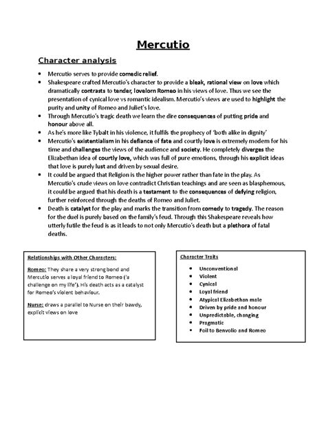 GCSE English Lit: Mercutio Character Profile Analysis in Romeo & Juliet - Studocu