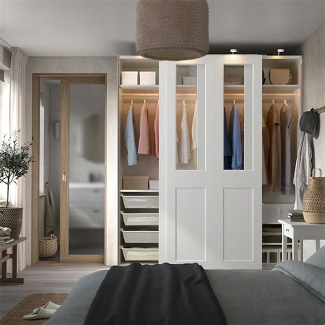 PAX / GRIMO wardrobe with sliding doors, white/clear glass white ...