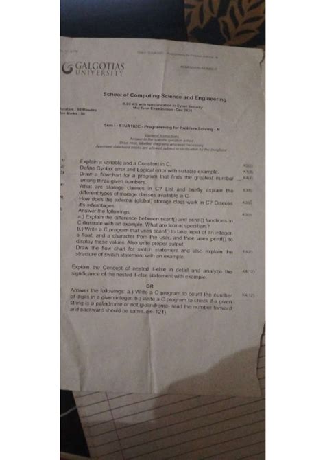 Midterm Exam Previous Year Paper: C Programming (E1UA102C) - Studocu