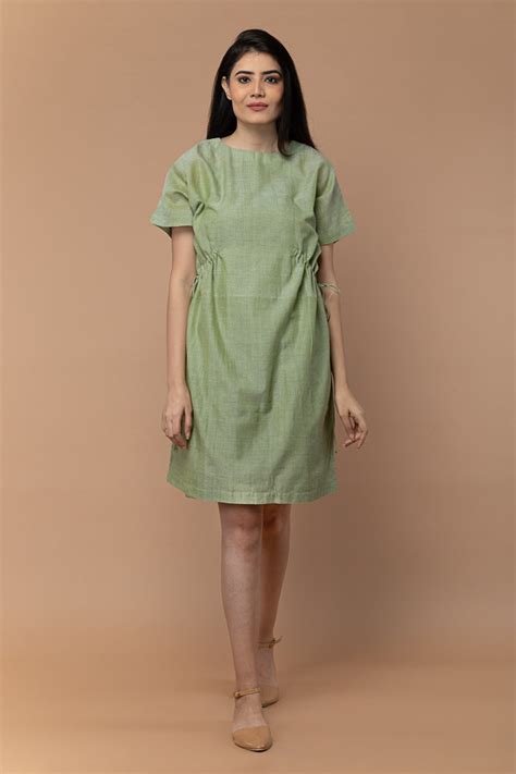 Shop Shift Dress with Drawstrings in Apple Green Handloom Cotton from ...