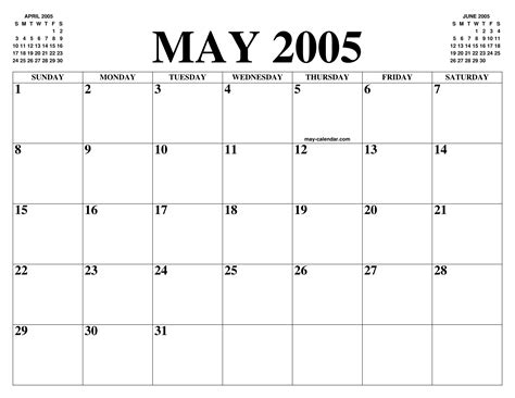 MAY 2005 CALENDAR OF THE MONTH: FREE PRINTABLE MAY CALENDAR OF THE YEAR ...