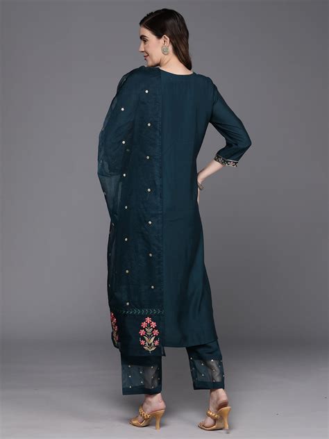 Indo Era Blue Embroidered Straight Kurta Trousers With Dupatta Set ...