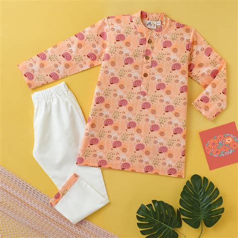 Desi Soota Cotton Kurta Pajama Set - Peach Snail & Garden