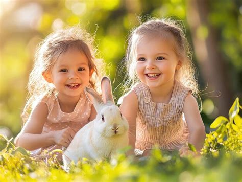 Two little girls are playing in the grass with a rabbit | Premium AI ...